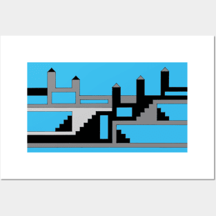 Simple Castle in Black and White on Blue Posters and Art